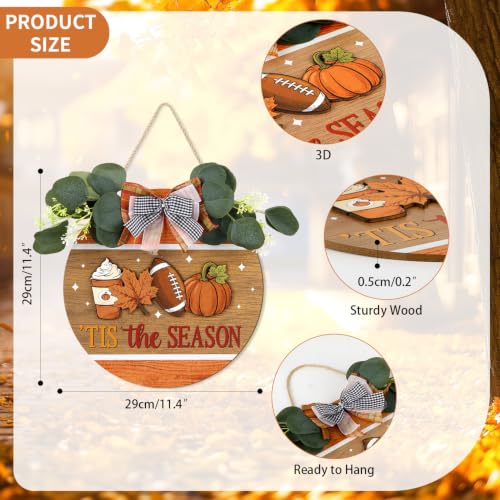 TOARTi 'Tis The Season Fall Football Welcome Round Door Sign Wreath (11.4"x11.4"), Rustic Pumpkin Maple Leaf Wood Wall Decor for Farmhouse Front Door - color: Fall Football