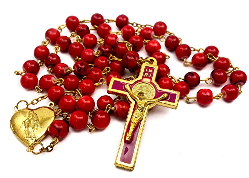 Nazareth Store Red Coral Glass Beads Rosary Catholic Saint Benedict Prayer Beaded Necklace with Miraculous Heart Shaped Locket Medal & Jesus Cross - color: Red
