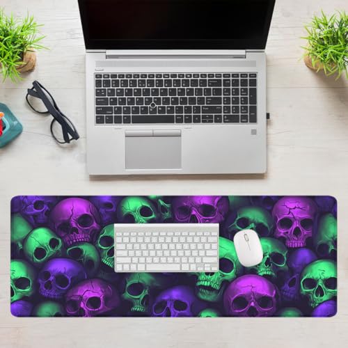 Neon Skull Gaming Mouse Pad Purple Green Gothic Halloween Skeleton Extended Keyboard Mouse Mat for Computer Office, Big Laptop Mouse pad, Gaming Pc 31.5x11.8 in - color: Neon Skull, size: 31.5L x 11.8W inches