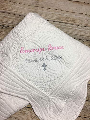 Personalized Baby Blanket – Custom Name, Monogram & Birth Stats, Soft Cotton Heirloom Quilt Keepsake, Unique Baby Gift for Boys & Girls (Baptism/Christening Design) - color: Baptism / Christening Design