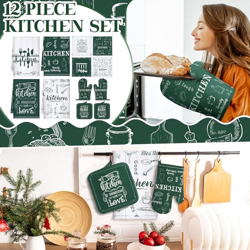 12 Pcs Farmhouse Kitchen Decor and Accessories Sets 4 Green Kitchen Towels 4 Absorbent Dishcloths 2 Pot Holders 2 Oven Mitts Gloves for Home Decorations Mom Gifts - color: Green and White, style: Classic