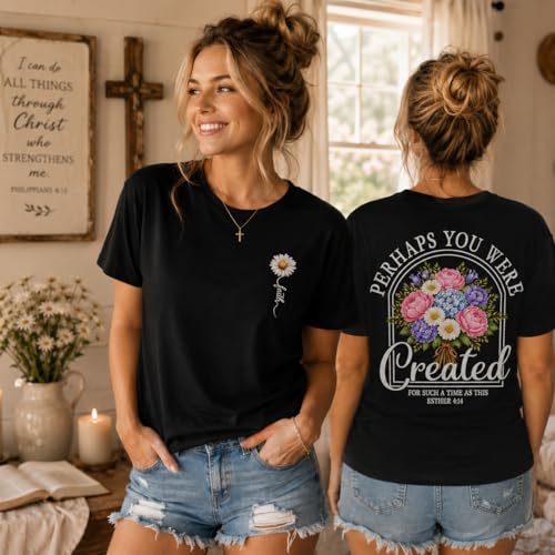 Christian Shirts for Women Floral Faith Bible Verse Graphic Tee Created for Such a Time as This T-Shirt - color: Black, size: X-Large