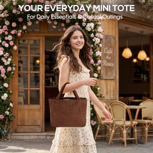 Sminra Small Bible Tote Bag for Women, Corduroy or Quilted Mini Tote Bag - color: Coffee Brown