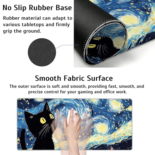 Blue Starry Night Black Cat Mouse Pad,35.4 x 15.7 Inch Large Mouse Mat Non-Slip Rubber Stitched Edges for Writing Desk,Office,Home,Laptop - color: Blue Starry Night Black Cat, size: 35.4L x 15.7W inches