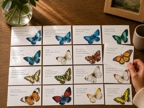 Bible Verse Cards with Wood Stand, 48 Prayer Cards for Daily Display - color: Butterfly