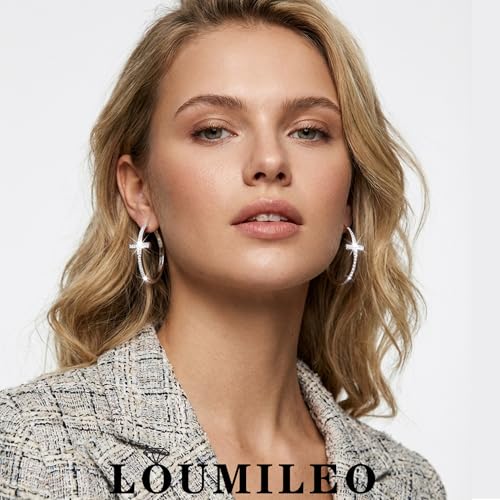 LOUMILEO Sterling Silver Cross Hoop Earrings for Women Rhinestone 20-40MM - color: Sliver 40MM