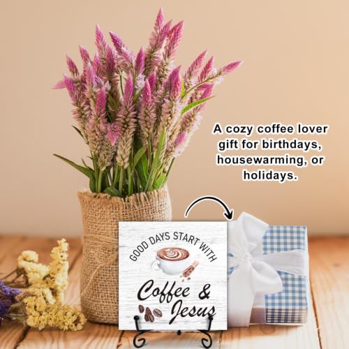Coffee Bar Sign, Coffee Station Decor Bible Gift for Women Friends, Desk Decorations for Home Office, Wooden Plaque With Stand-TJ31 - style: Coffee and Jesus