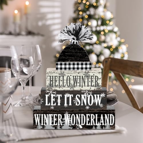 Geelin 4 Pcs Winter Hat Wooden Table Decorations Farmhouse Tiered Decor - style: Winter Hat