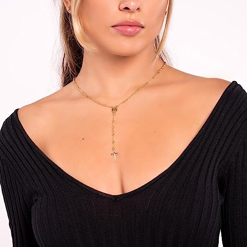 Barzel 18K Gold Plated Virgin Mary Rosary Bead Cross Necklace - Made In Brazil - size: 20 Inches