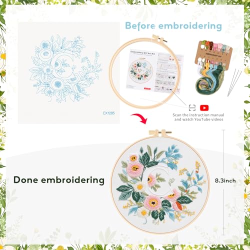 Zerzsy 7.87 '' Embroidery Kits Plant Flower Leaf English Letter Patterns for Beginners Adults, Easy to Learn Cross Stitch Kit for Home Office Decor - color: Letter C