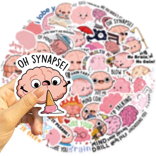 50pcs Cute Cartoon Brains Stickers Waterproof PVC Vinyl Decals for Laptop Scrapbooking Journaling Notebook Party Supplies, for Teens Adults - color: Brain