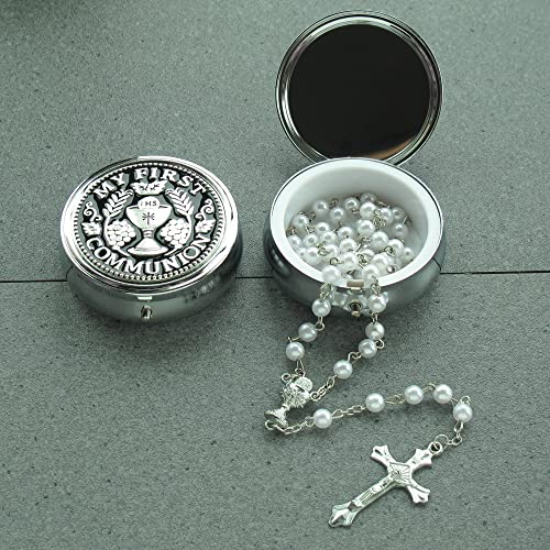 Pearl First Communion Rosary with Metal Gift Case - Religious Keepsake