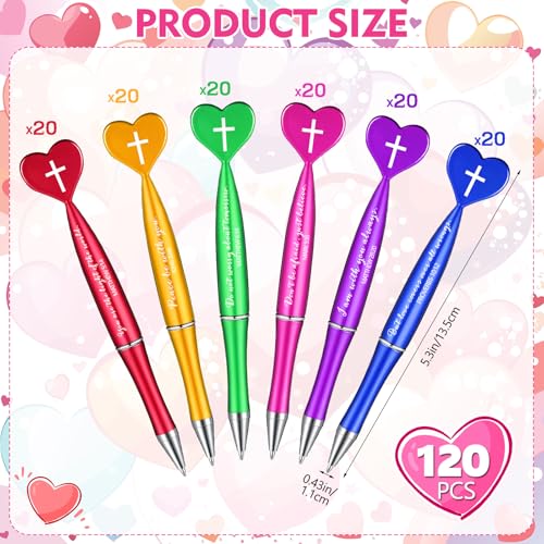 Sayglossy 120 Pcs Christian Gifts Pens Bulk Motivational Bible Verse Quote Heart Shaped Motivational Ballpoint Pens for Church 6 Colors