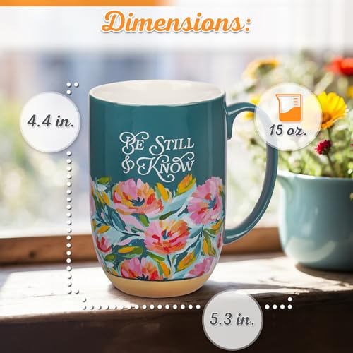 Christian Art Gifts Large Ceramic Coffee Mug for Women - color: Dark Teal Floral/Be Still, size: 15 Ounces