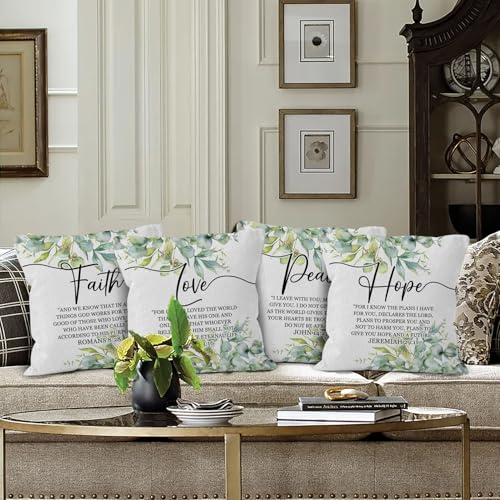 Bible Verse Christian Pillow Covers 18x18 Set of 4, Eucalyptus Leaf Botanical Home Decor, Scripture Floral Eucalyptus Leaf Pillow Covers for Home Bedroom Couch - color: Christian Decor-9