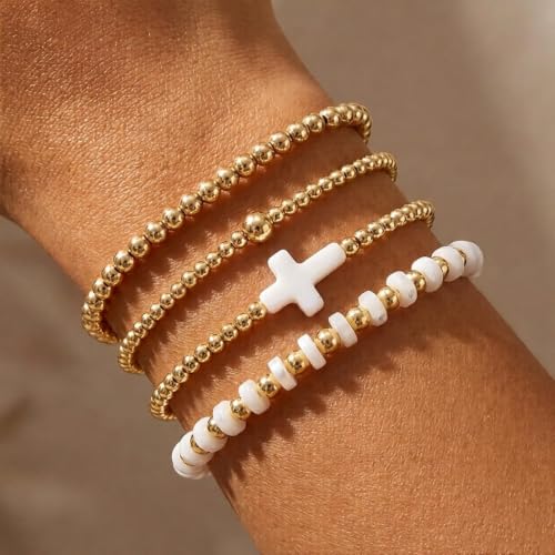 Gold Beaded Bracelets Stack for Women Stackable 14K Gold Plated Beads Ball Cross Bracelet Boho Christian Jewelry Faith Friendship Birthday Gifts for Women - color: 4pcs-White Cross