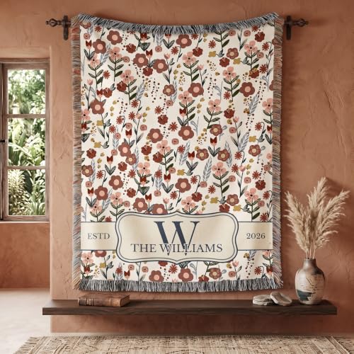 Chillever Personalized Monogram Woven Blanket with Last Name, Custom Floral Throw Blankets for Couch Bed, Cotton Anniversary Wedding Gift for Couple, New Home Housewarming Presents - color: A4