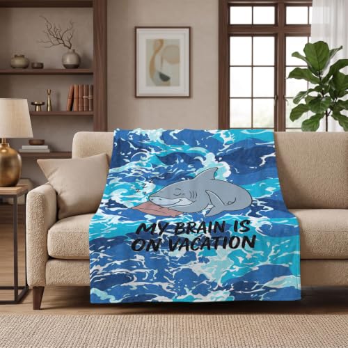 Funny Shark Throw Blanket – "My Brain is on Vacation" Shark Birthday Gifts - color: Tk019, size: 60"x50"