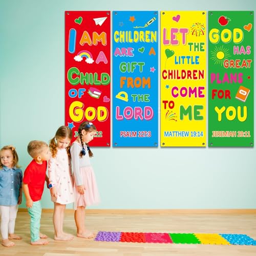 4Pcs Church Banners for Sanctuary Wall Religious Banners with Scripture Bible Christian Backdrop for Classroom Inspirational Religious Praise Hanging Signs for Church Sunday School Decoration - style: I Am A Child