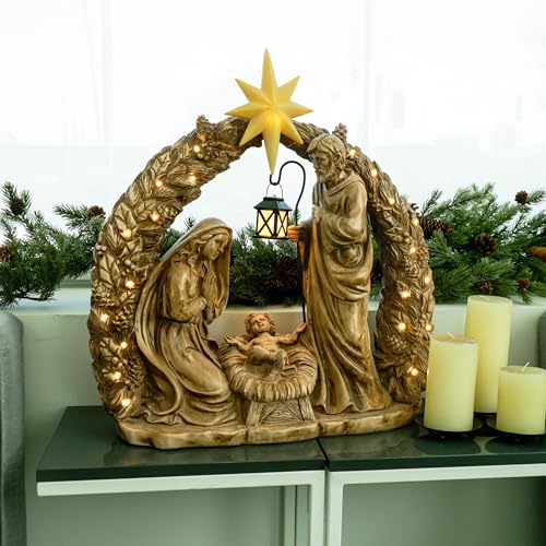 Alpine Corporation 25" Tall Indoor/Outdoor Nativity Scene Lighted Holiday Decor with Warm White LED Lights, Christmas Displays, Brown - color: Brown - Nativity Scene