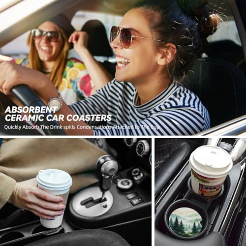 Misty Pine Forest Car Cup Holder Coasters Absorbent Ceramic Coaster - color: Blue