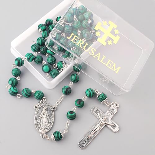 Catholic Town Rosary Necklace 8mm Malachite Beads with Miraculous Medal center piece and metal Crucifix cross (ROSJST-MAL)