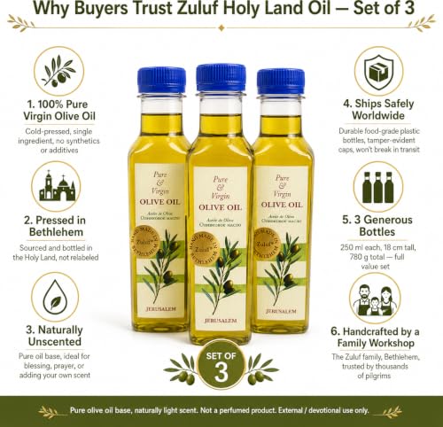 Zuluf Blessed Olive Oil Set of 3 Pure Anointing Oil from the Holy Land Jerusalem Bethlehem Christian Prayer for Baptism Christening Godparent Faith Gift Unscented 25.4 Fl Oz 3 Pack Bottles