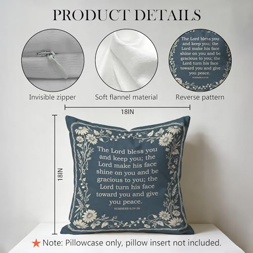 Navy Blue Floral Christian Pillow Cover 18x18 Double-Sided, May the Lord Bless You and Keep You Bible Verse Decorative Pillowcase Throw Pillow Cover for Couch Bed, Faith Based Gifts - color: Color-19
