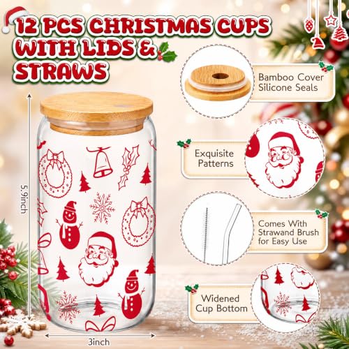 Skylety 12 Set Christmas Bulk 16 oz Red Glass Cups with Lids Straws Xmas Notebook Sticky Note Pens for Employee Appreciation Women Students School Office Holiday Party Favors - style: Red Christmas