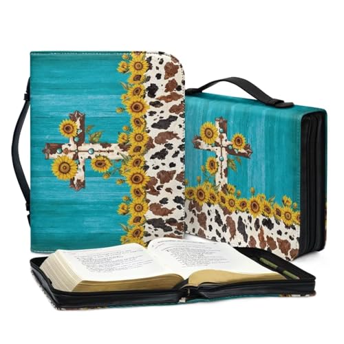 Blue Wood Grain Cross Bible Covers Case, Sunflowers Cow Print Women Girls Bible Cover Church Bag with Top Handle Protective Bible Carrying Case PU Leather Bag - color: Blue Wood Grain Cross - Sunflowers Cow, size: 2X-Large