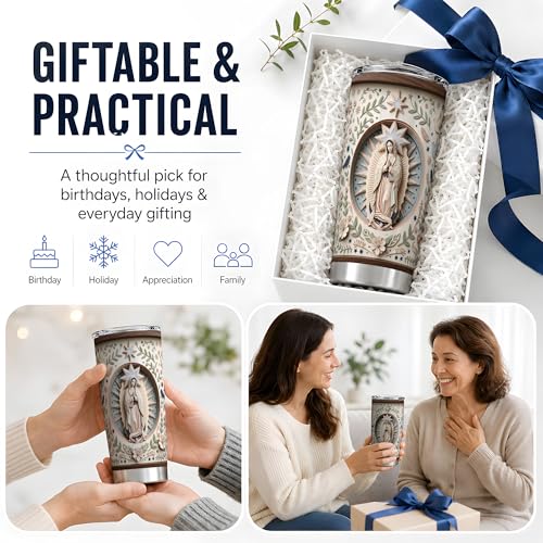 Virgin Mary Star Oval 20oz Tumbler, Marian Devotion Tumbler, Daily Tea Cup, Wood Rim Look, Pastel Floral Frame With Doves And Navy Stars, Soft Folk Art, Faithful Catholic Women - color: Virgin Mary 3