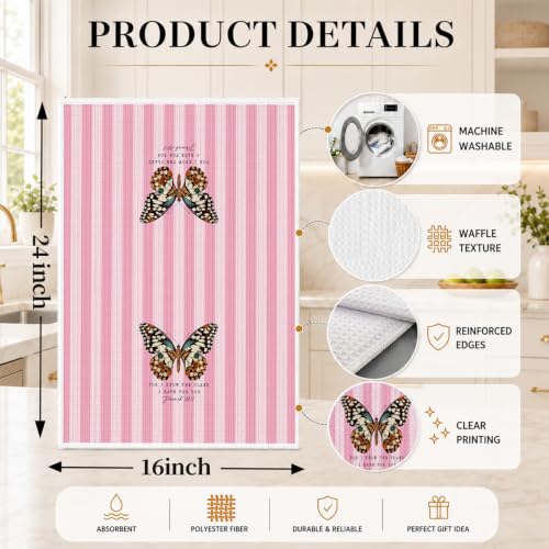 Pink Christian Butterfly Kitchen Hand Towels 16x24 Inch - color: Pink Butterfly