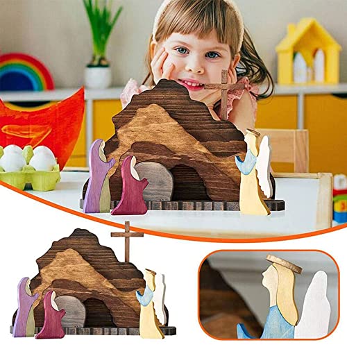 Easter Scene Wooden Decorations - Empty Tomb Easter Resurrection Scene Set and Cross Decoration - Religious Christian Jesus Nativity Decor for Home Table Office
