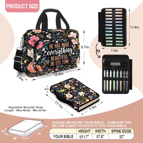Bible Cover for Women, Large Bible Bag Carrying Case with Shoulder Strap Bible Study Supplies Journaling Kit Book Carrying Case with Pens Highlighters Cross Clips Tabs Christian Gift,Floral - color: Black Floral 2