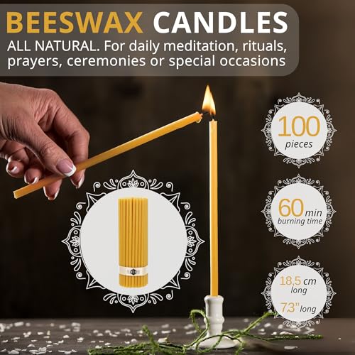 Danilovo Thin Taper Beeswax Candles - No-Drip, Smoke-Less, Tall, Decorative, Honey Scented Candles Ideal for Church Prayer, Rituals, Decor or Birthday – 7.3”x0.24” (Yellow, 100pcs) - color: Yellow
