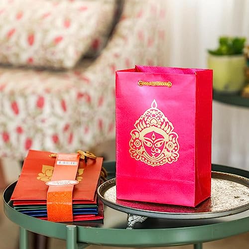 Desi Favors Durga Mata Paper Bags - Indian Gifts, Durga, Party Favor, Goodie Bags - Small (5x3x8 Inch) for Diwali, Pooja, Housewarming, Wedding Return Gifts (Pack of 8) - style: Durga Mata Paper Bags