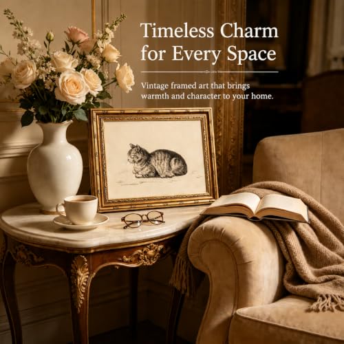 FTHMTN Vintage Cat Wall Art, Gold Framed Cat Sketch Wall Decor 12x16in - color: Cat, size: 16"L x 12"W