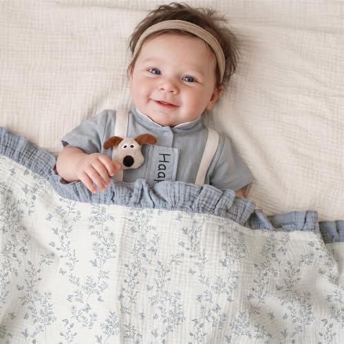 Konssy 100% Cotton Muslin Baby Blanket with Ruffle Trim for Girls, 43"x39" - color: Blue Garden