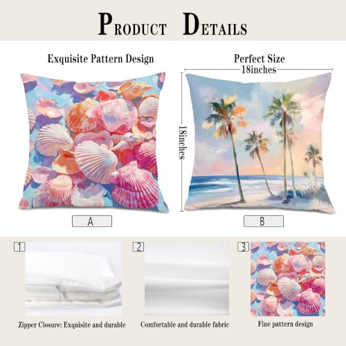 Coastal Beach Seashell Palm Tree Throw Pillow Covers 18x18 Set of 2 - color: Colour -Ee