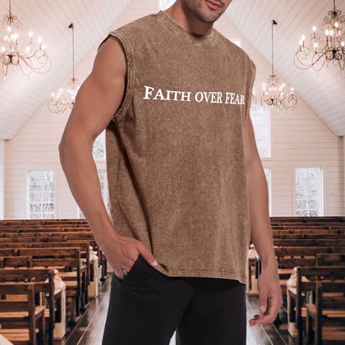 Mens Christian Sleeveless Shirts Faith Over Fear Graphic Tank Tops Gym Workout Acid Wash Tanks Cut Off Muscle Shirt - color: Coffee, size: XX-Large