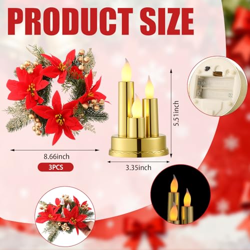 Tuanse 3 Set Poinsettia Centerpieces Christmas Floral LED Candles Decor - style: Christmas Poinsettia