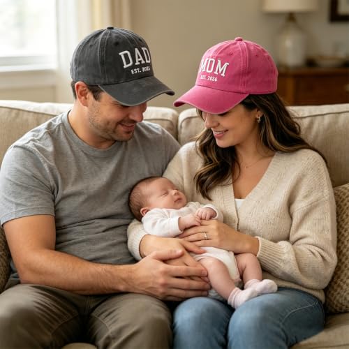 2PCS Dad and Mom EST 2026 Hats for Men Women, New Parents Gifts Cap - color: Black Pink