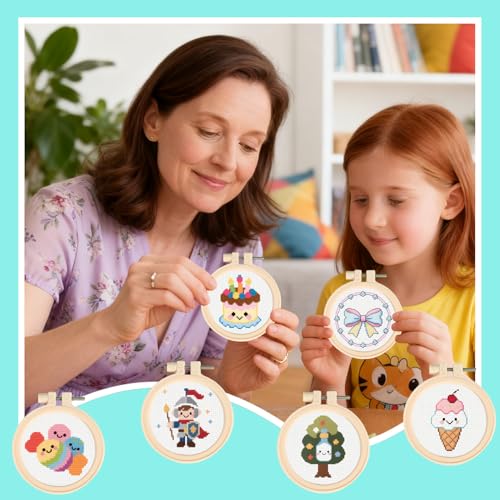 57lilina Easy Embroidery Kit for Kids Beginners, 6 Set Cute Stamped Pattern - color: Tree+Cake+Soldier+Bow Tie+Ice Cream+Candy