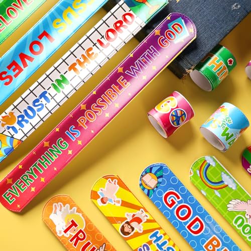 POPLAY 48PCS Christian Slap Bracelets, Snap Wristbands Bible Verses Religious Snap Bracelets for Kids Sunday School Gifts Classroom Prizes (Pack of 2) - size: 8.6 inches (Pack of 2)