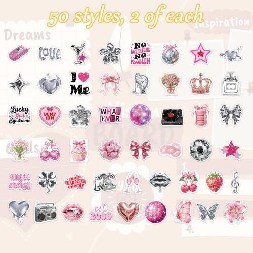 100 Pcs Pink Y2K Girly Vinyl Stickers - color: Pink Y2k Aesthetic