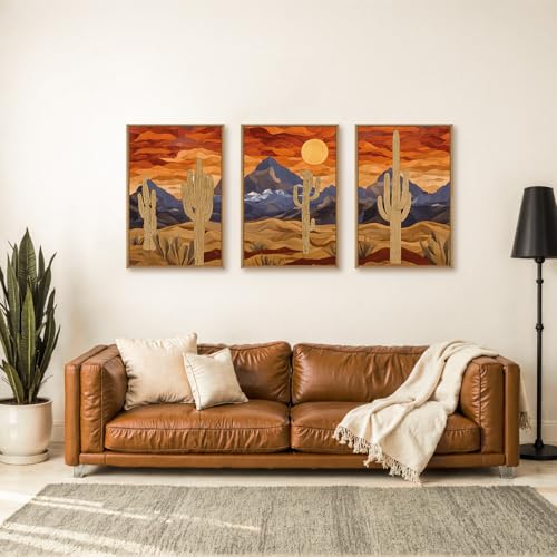 HPNIUB Mountains Desert Framed Canvas Wall Art Set, Abstract Sun Art Prints, Modern Cactus Paintings Artwork, Mid Century Southwestern Landscape Wall Decor for Living Room, Bedroom, Office-16 x24 x3 - color: Abstract Cactus Wall Art, size: 16"L x 24"W