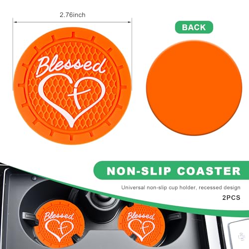 2 PCS Car Cup Holder Coaster, 2.76 Inch Non-Slip Auto Drink Mats with Blessed Cross and Heart, Shockproof Christian Cup Insert Coaster for Most Vehicles, Car Accessories (Orange) - color: Orange