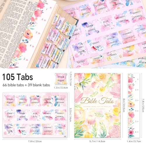 Bible Tabs for Women, 66 Large Print Laminated Bibles Chapters Index Tabs and 39 Blank Dividers Sticky Labels, Cute Beauty Bloom Bible Study Supplies, Journaling Accessories, Christian Gifts for Men - style: P-Flowers
