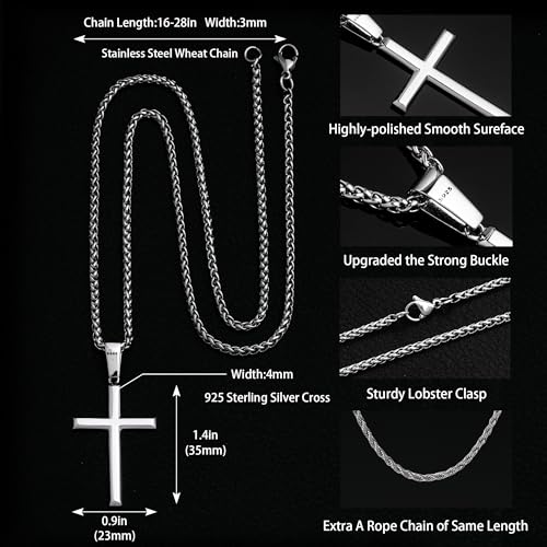 LOFITOR Mens Sterling Silver Cross Necklace for Women S925 Crucifix Pendant - size: 20 inches, style: Classic Cross Necklace