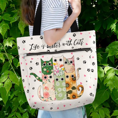 Waterproof Tote Bag with Pockets and Zipper for Work. Shoulder Bag for Women. Gift for Cat Lover Cat Owner. - color: Life Better With Cats